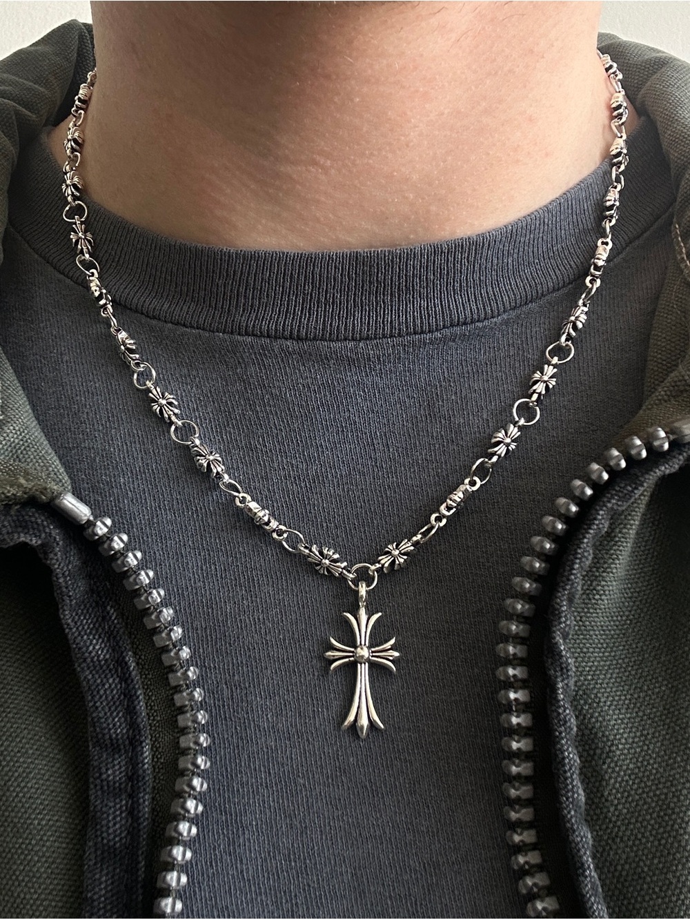 Men's Silver Cross Necklace with chrome y2k Chain